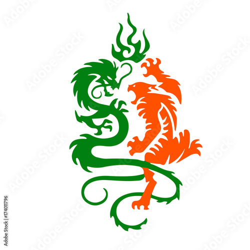 Silhouette of a tiger and dragon fight, a tattoo on a white background.