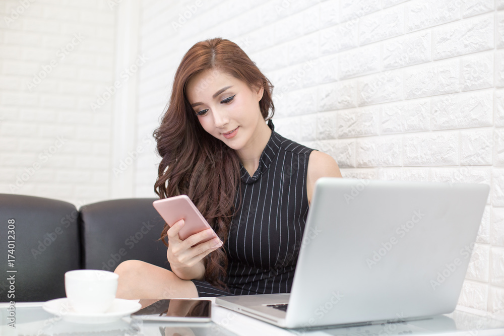 Asian Woman using Tablet for Work at Cafe, Woman Working with attractive smiling, Woman Working Concept Asian Woman using Tablet for Work at Cafe, Woman Working with attractive smiling, Woman Working Concept