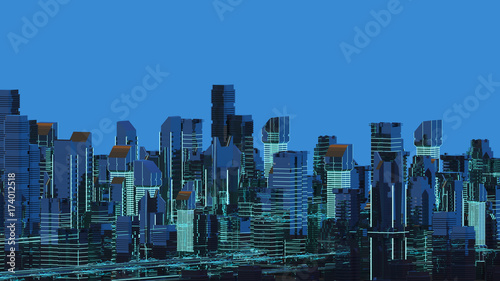 Futuristic skyscrapers in the flow. The flow of digital data. city of the future. 3D illustration. 3D rendering © sipgus
