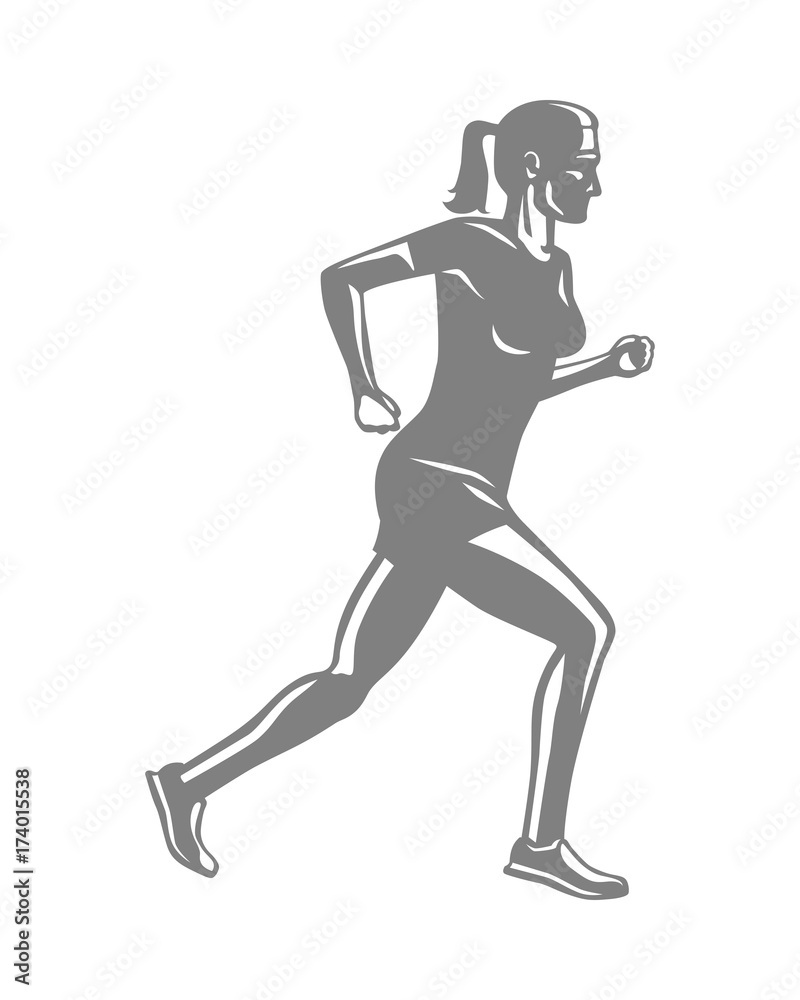 Silhouette of Sportive Running Woman on White