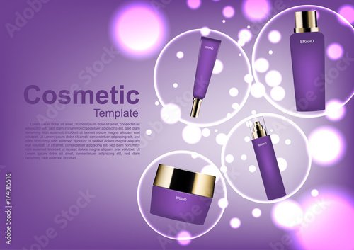 Cosmetic ads template, cosmetic set in circles and small bubble lights