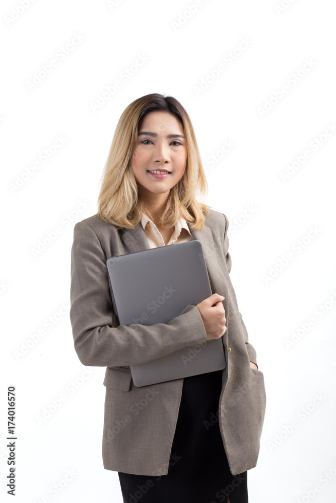 portrait asian young business woman holding a notebook on white background portrait asian young business woman holding a notebook on white background
