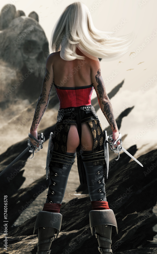 The search for the Island of skulls . Fantasy female pirate posing in front of the mysterious rock island. 3d rendering