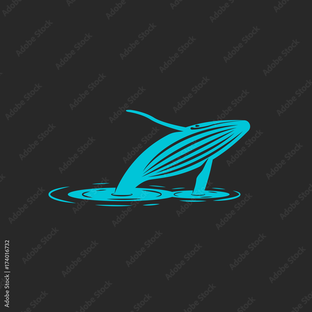 Fototapeta premium A humpback whale jump out water, silhouette of a blue whale with ripples on water, an illustration freedom animal. T-shirt print emblem or logo for a naturally protective organization or foundation.