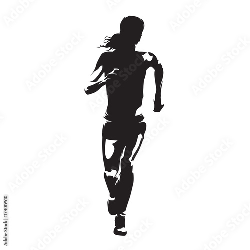 Running woman, abstract vector silhouette, front view