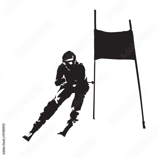 Downhill skiing, skier abstract vector silhouette, front view