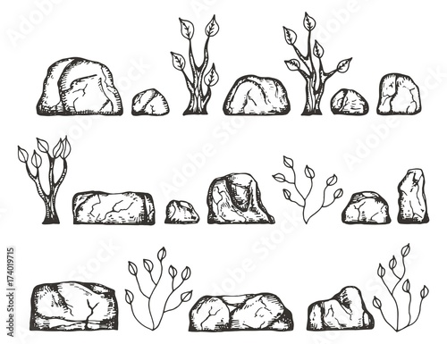 stones and plants vector sketch. hand drawing isolated