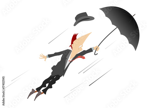 Young man, umbrella and windy day isolated. Young man being gone with the wind trying to hold an umbrella  
