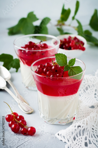 Panna cotta with red currant jelly in vintage glasswith leaves of mint and berries on gray stone or concrete background. Traditional Italian dessert. Selective focus.