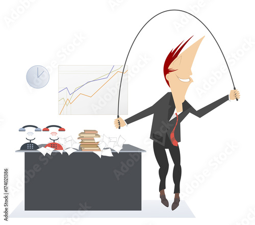 Active recreation on the business place. Active businessman has a rest and jumps at the office using a skip rope 
