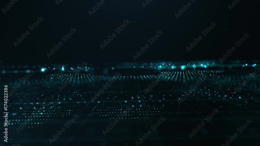 Abstract background with glowing dots and lines moving against black screen