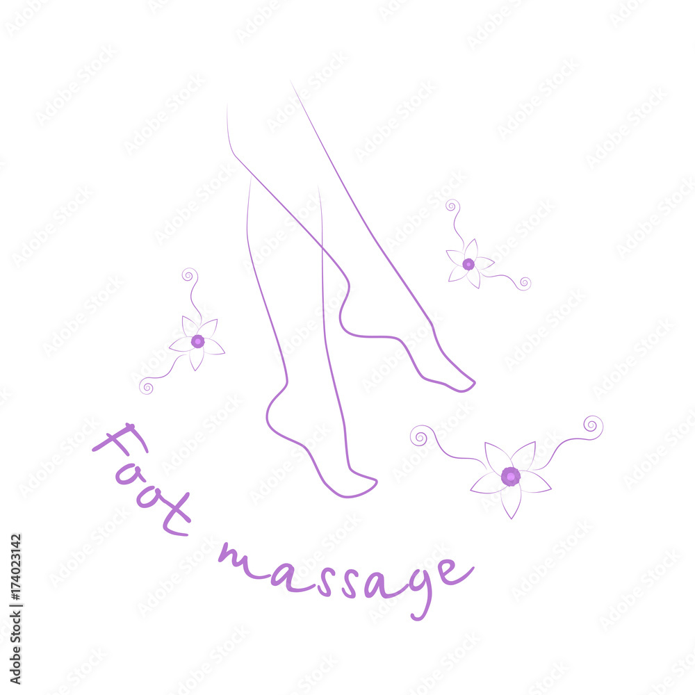 Foot massage logo. Foot massage stamp. Silhouette of legs and vanilla flowers. Reflexology. Stock vector. Flat design.