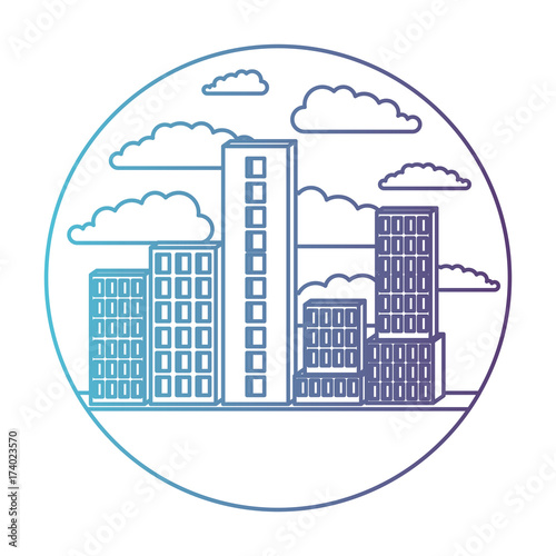 building set city in circular frame with cloud landscape on gradient color silhouette from blue to purple