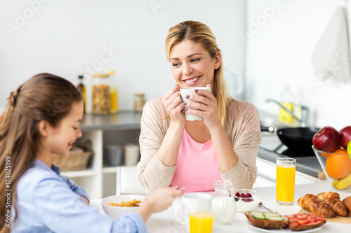 happy family having breakfast at home kitchen