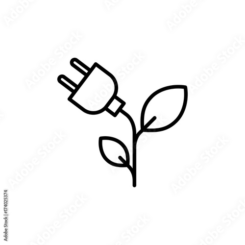 thin line efficient energy, plug with leaf icon