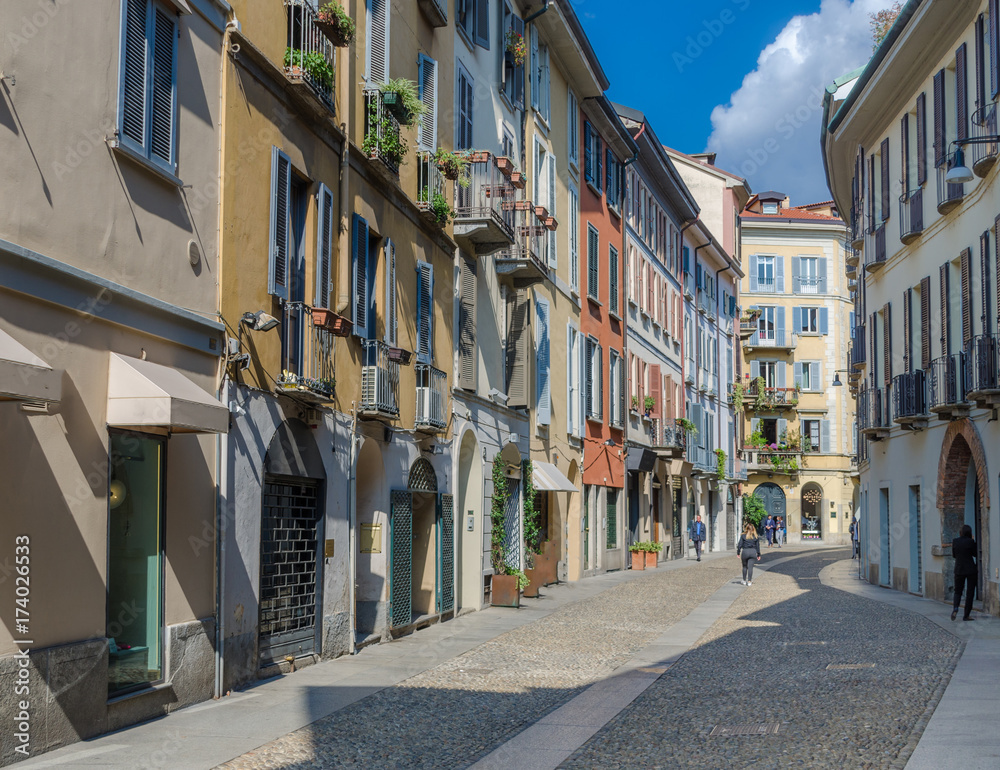 Obraz premium Small colourful street in the fashionable district of Brera in Milan, Lombardy, Italy