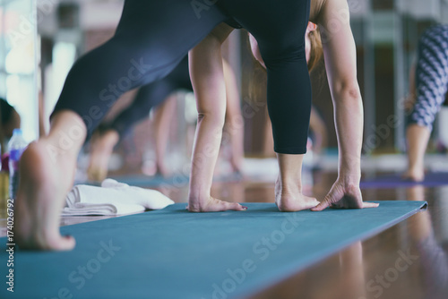 Women exercising in fitness studio yoga classes photo