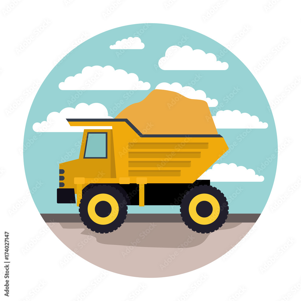 dump truck in circular frame with cloud landscape on colorful silhouette dump truck in circular frame with cloud landscape on colorful silhouette