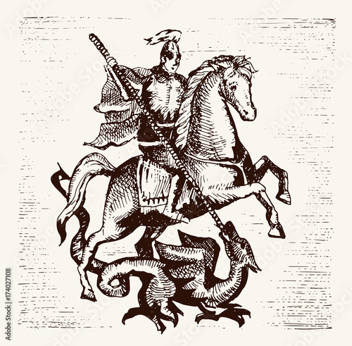 Hand drawn Saint Georgi. Vector illustration. warrior knight on horse slaying the dragon with a spear