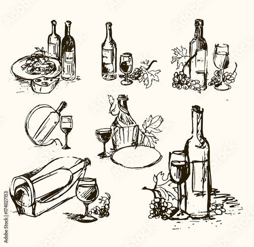 Wine set. Winemaking products in sketch style. Vector illustration with wine glass, grapes, grape twig. Classical alcoholic drink.