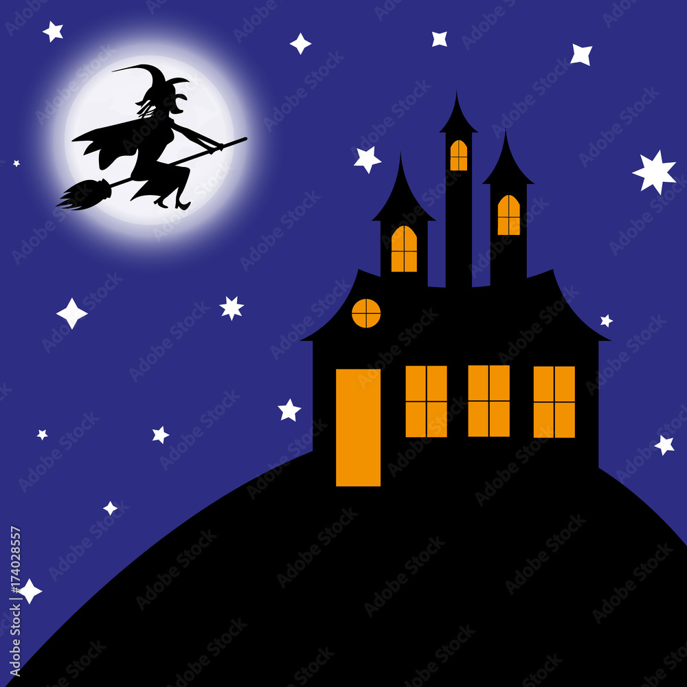 witch on a broomstick flies to the castle