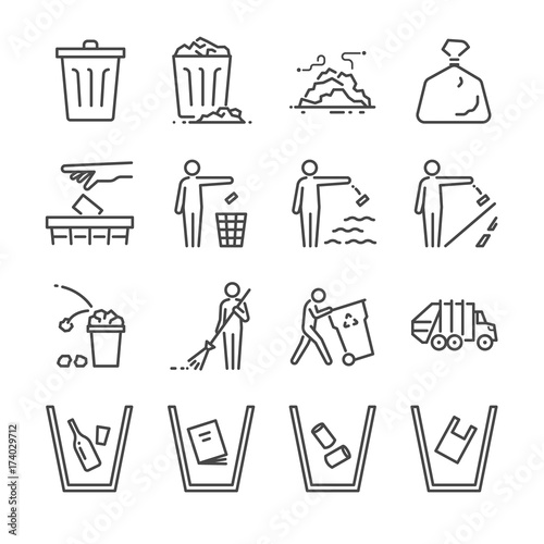 Trash line icon set. Included the icons as garbage, dump, refuse, bin, sweep, litter and more. photo