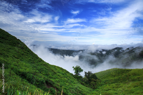 Beautiful mountain landscape, with mountain peaks covered with forest and a cloudy sky.