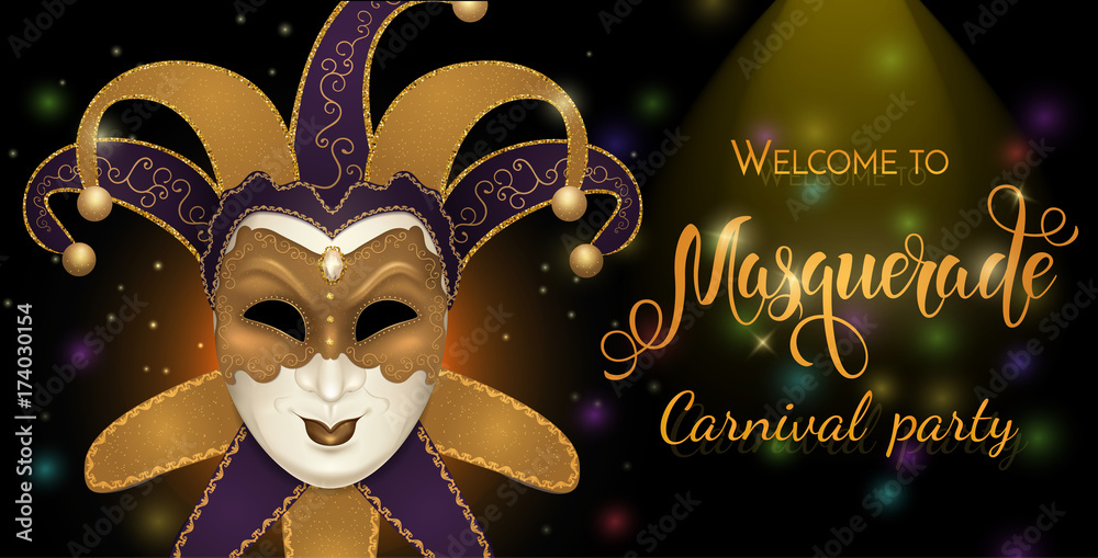 Gold carnival mask with shiny texture. Carnival hand drawn lettering. Invitation card template. Vector illustration EPS10.