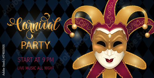 Gold carnival mask with shiny texture. Carnival hand drawn lettering. Invitation card template. Vector illustration EPS10.