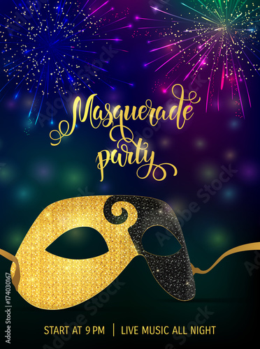 Gold carnival mask with shiny texture. Carnival hand drawn lettering. Invitation card template. Vector illustration EPS10.