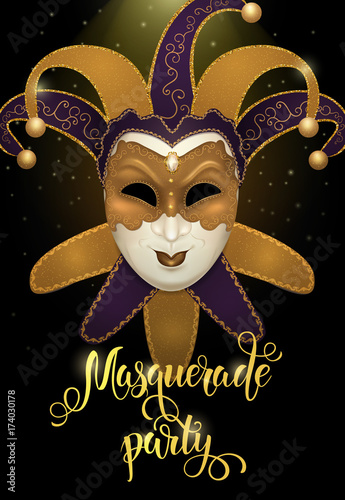 Gold carnival mask with shiny texture. Carnival hand drawn lettering. Invitation card template. Vector illustration EPS10.