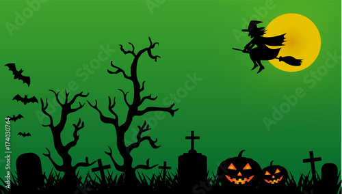 Notte di halloween - cimitero con strega, pipistrelli e zucche photo
