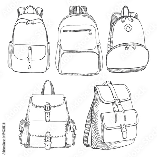 Set of different backpacks, men, women and unisex. Backpacks isolated on white background. Vector illustration in sketch style.