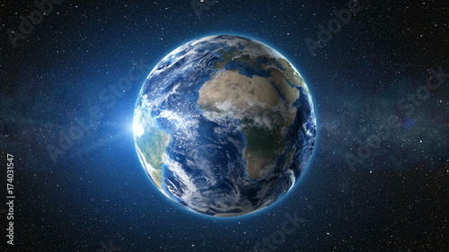 Fototapeta Naklejka Na Ścianę i Meble -  3D Render animation: sunrise view from space on Planet Earth. High detailed. Africa zone. Blue world in black Universe in stars. Realistic world globe. Elements of this image furnished by NASA