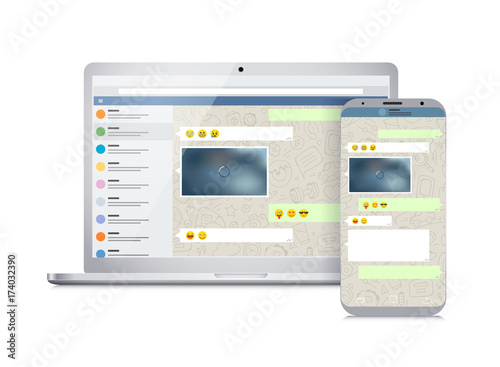 Vector smartphone and laptop with messenger application on the screen. Social network concept