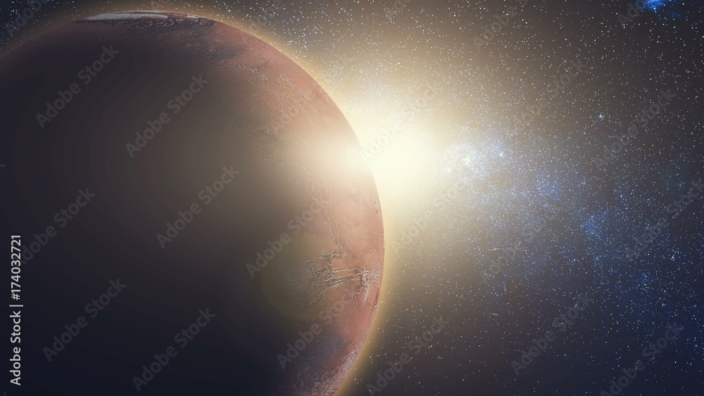 Sunrise view from space: Mars in sun beams. Red Planet close up with black universe of stars. High detail 3D Render animation. Abstract scientific background. Elements of this image furnished by NASA