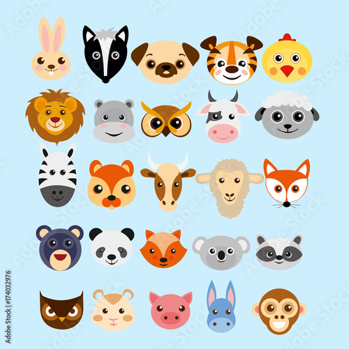 Vector illustration set of cute cartoon animals heads in flat style.