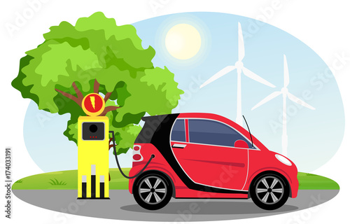 Vector illustration of electric car red color on charging station with windmills, green tree, sun, blue sky background. Vector Electric car infographic concept.