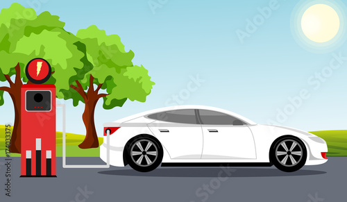 Electric car flat infographic concept. White color electric car on charging station, green tree, sun, blue sky background.Vector illustration in flat cartoon style.