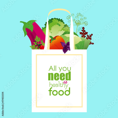 Vector illustration of white package with text on it and fresh healthy produce. Organic products from the farm. Vegetables,fruits, salads and green in eco bag. All you need is healphy food. photo