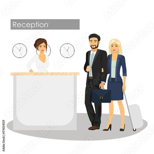 Vector illustration of manager and customer at hotel reception desk. Concierge service. Man and woman arrival or check in at lobby. Woman at reception.