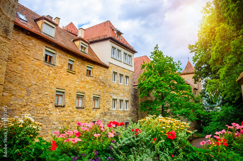 Beautiful streets in Rothenburg ob der Tauber with traditional German houses, Bavaria, Germany