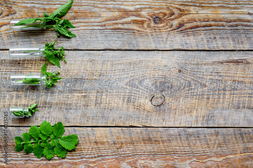 Healing herbs. Fresh leaves and small bottles on wooden background top view copyspace