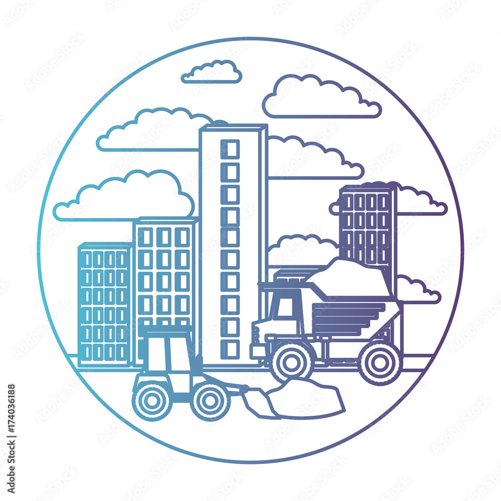 building set city with contruction vehicles in circular frame with cloud landscape on gradient color silhouette from blue to purple