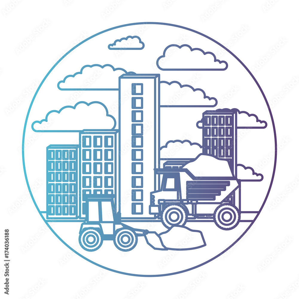 building set city with contruction vehicles in circular frame with cloud landscape on gradient color silhouette from blue to purple building set city with contruction vehicles in circular frame with cloud landscape on gradient color silhouette from blue to purple