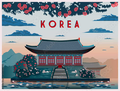Early in the morning at a Buddhist temple in South Korea. Handmade drawing vector illustration. Vintage style.