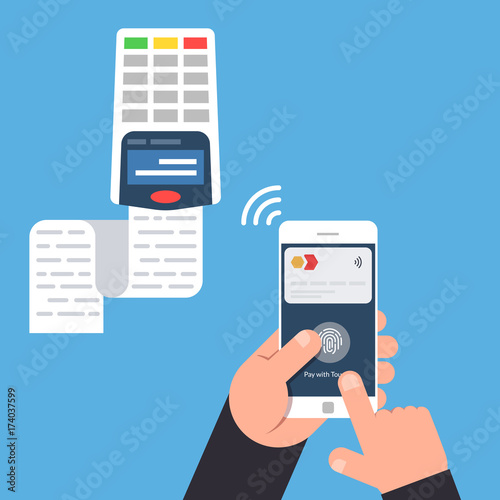 Process of payment in a non-contact way using a mobile phone. NFC. Flat vector illustration.