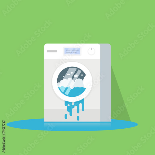 Broken washing machine from which water flows. Calling the master. Flat isolated illustration. photo