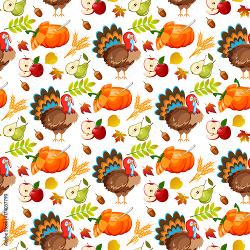 Thanksgiving seamless pattern background autumn pumpkin traditional holiday food harvest celebration vector illustration.