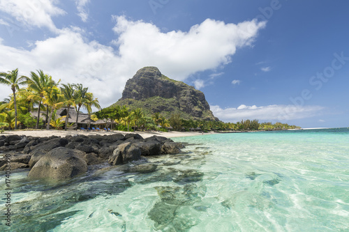 White sandy beach, coconut trees and clear blue water in Le Morne, Mauritius
